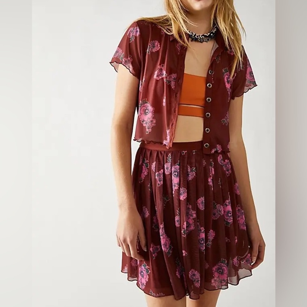 NWOT Free People Florence Mesh Floral Mini Skirt Set - Cocoa Combo